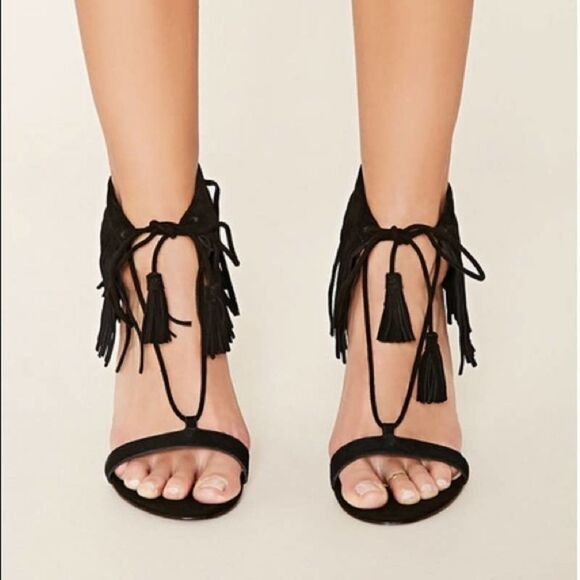 Forever 21 black fringe lace up heels - Picture 2 of 8